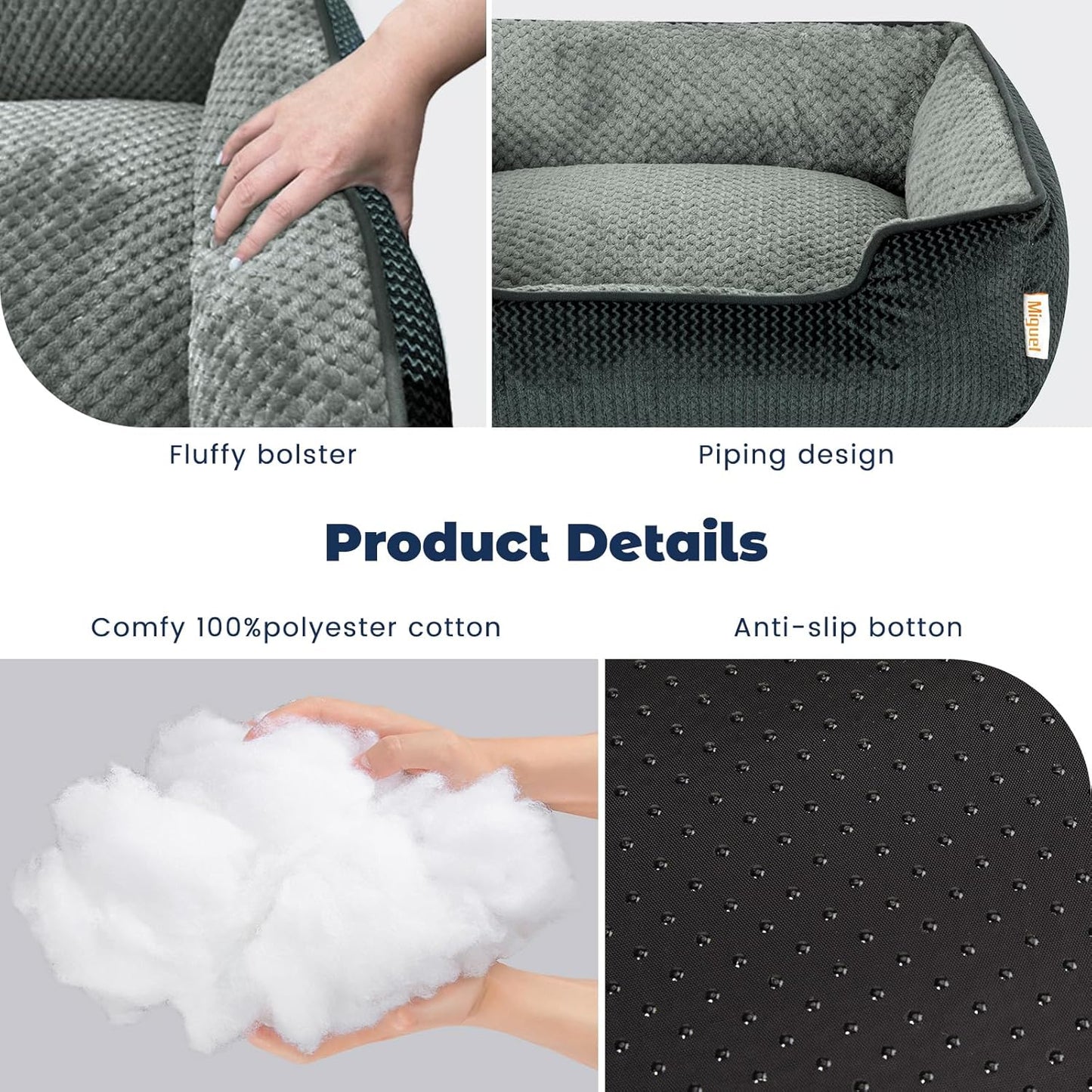 Removable Washable Dog Bed for Medium Dog - Rectangle Pet Bed for Large Cats with Zipper Cover Bolster Cuddle Puppy Bed with Supportive Side Wall Slip-Resistant Bottom, Dark Gray 30 Inch