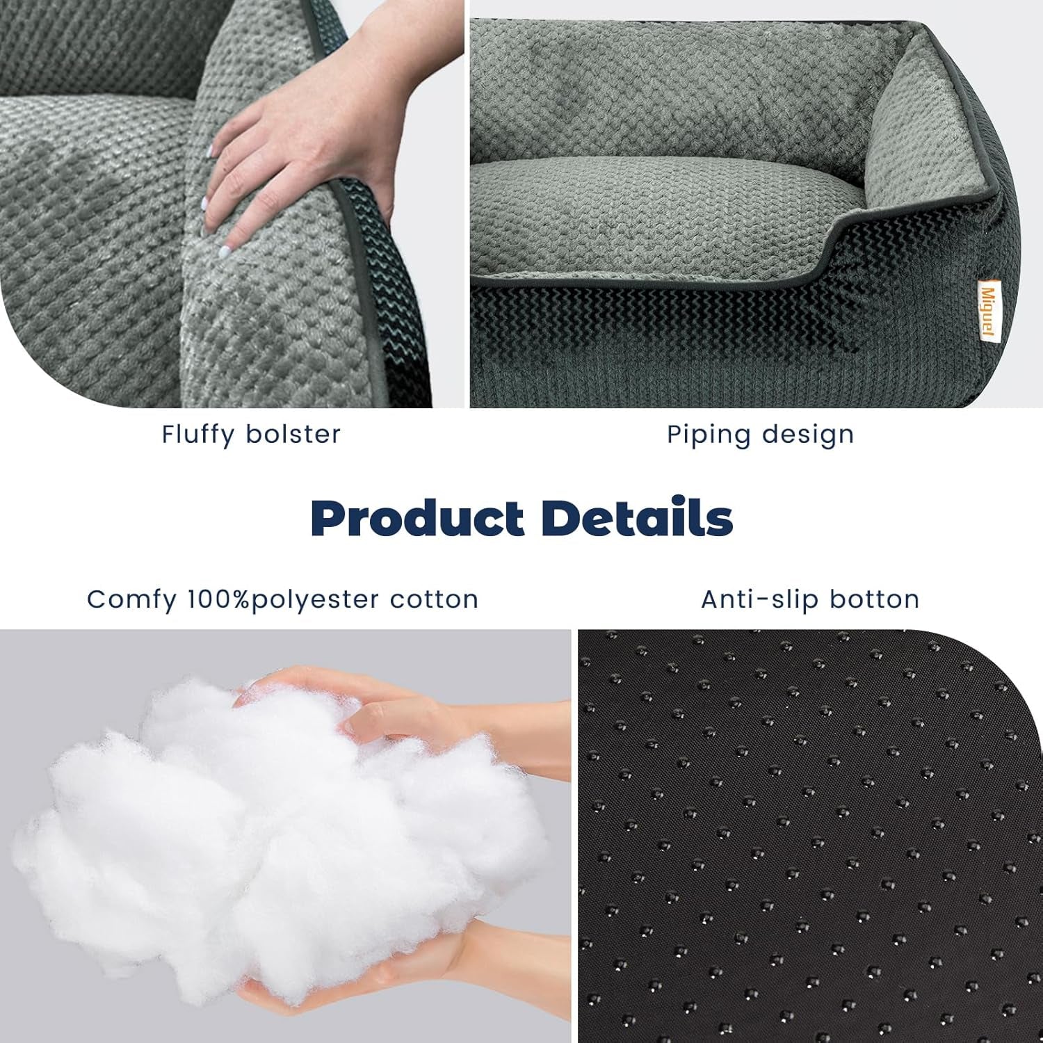 Removable Washable Dog Bed for Medium Dog - Rectangle Pet Bed for Large Cats with Zipper Cover Bolster Cuddle Puppy Bed with Supportive Side Wall Slip-Resistant Bottom, Dark Gray 30 Inch