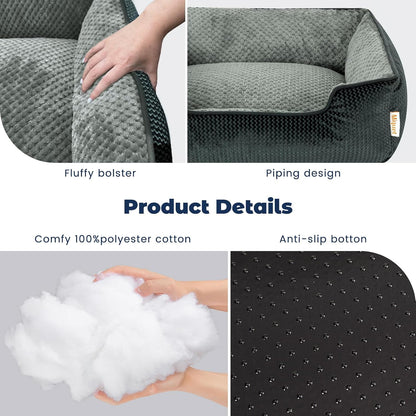 Removable Washable Dog Bed for Medium Dog - Rectangle Pet Bed for Large Cats with Zipper Cover Bolster Cuddle Puppy Bed with Supportive Side Wall Slip-Resistant Bottom, Dark Gray 30 Inch
