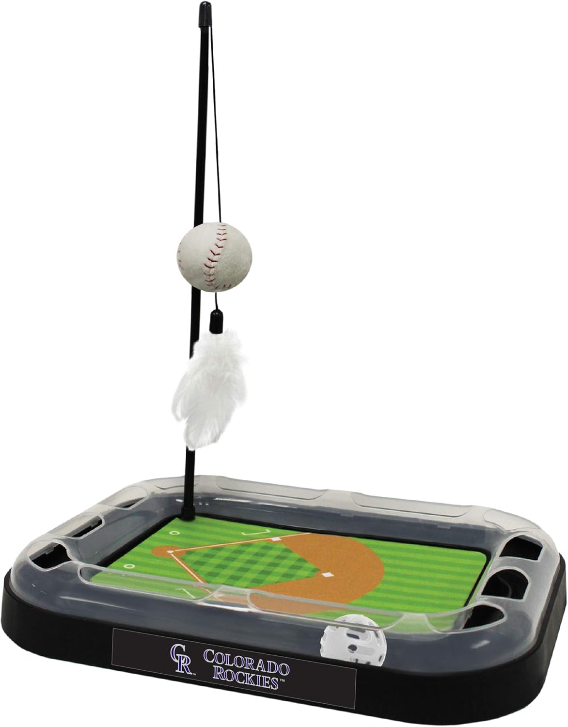 Cat Scratching Toy MLB Colorado Rockies Baseball Field Cat Scratcher Toy with Interactive Cat Ball Bell in Tracks. 5-In-1 CAT Toy: Cat Wand Poll with Catnip Filled Plush Baseball & Feathers.