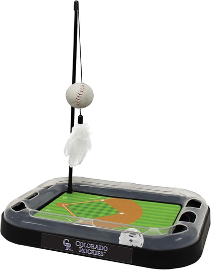 Cat Scratching Toy MLB Colorado Rockies Baseball Field Cat Scratcher Toy with Interactive Cat Ball Bell in Tracks. 5-In-1 CAT Toy: Cat Wand Poll with Catnip Filled Plush Baseball & Feathers.