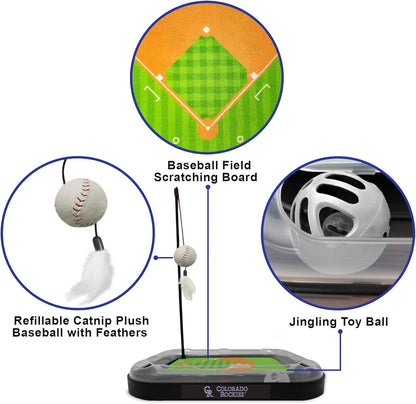 Cat Scratching Toy MLB Colorado Rockies Baseball Field Cat Scratcher Toy with Interactive Cat Ball Bell in Tracks. 5-In-1 CAT Toy: Cat Wand Poll with Catnip Filled Plush Baseball & Feathers.