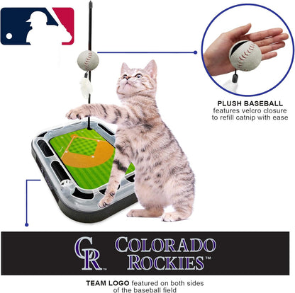 Cat Scratching Toy MLB Colorado Rockies Baseball Field Cat Scratcher Toy with Interactive Cat Ball Bell in Tracks. 5-In-1 CAT Toy: Cat Wand Poll with Catnip Filled Plush Baseball & Feathers.