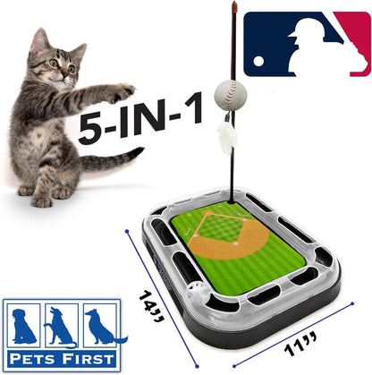 Cat Scratching Toy MLB Colorado Rockies Baseball Field Cat Scratcher Toy with Interactive Cat Ball Bell in Tracks. 5-In-1 CAT Toy: Cat Wand Poll with Catnip Filled Plush Baseball & Feathers.