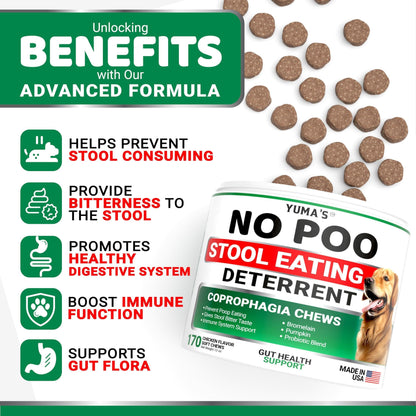 No Poo Chews for Dogs 170 Ct Coprophagia No Poop Eating Deterrent for Dogs Stop Eating Poop for Canine Probiotics & Digestive Enzymes Supplement Made in USA